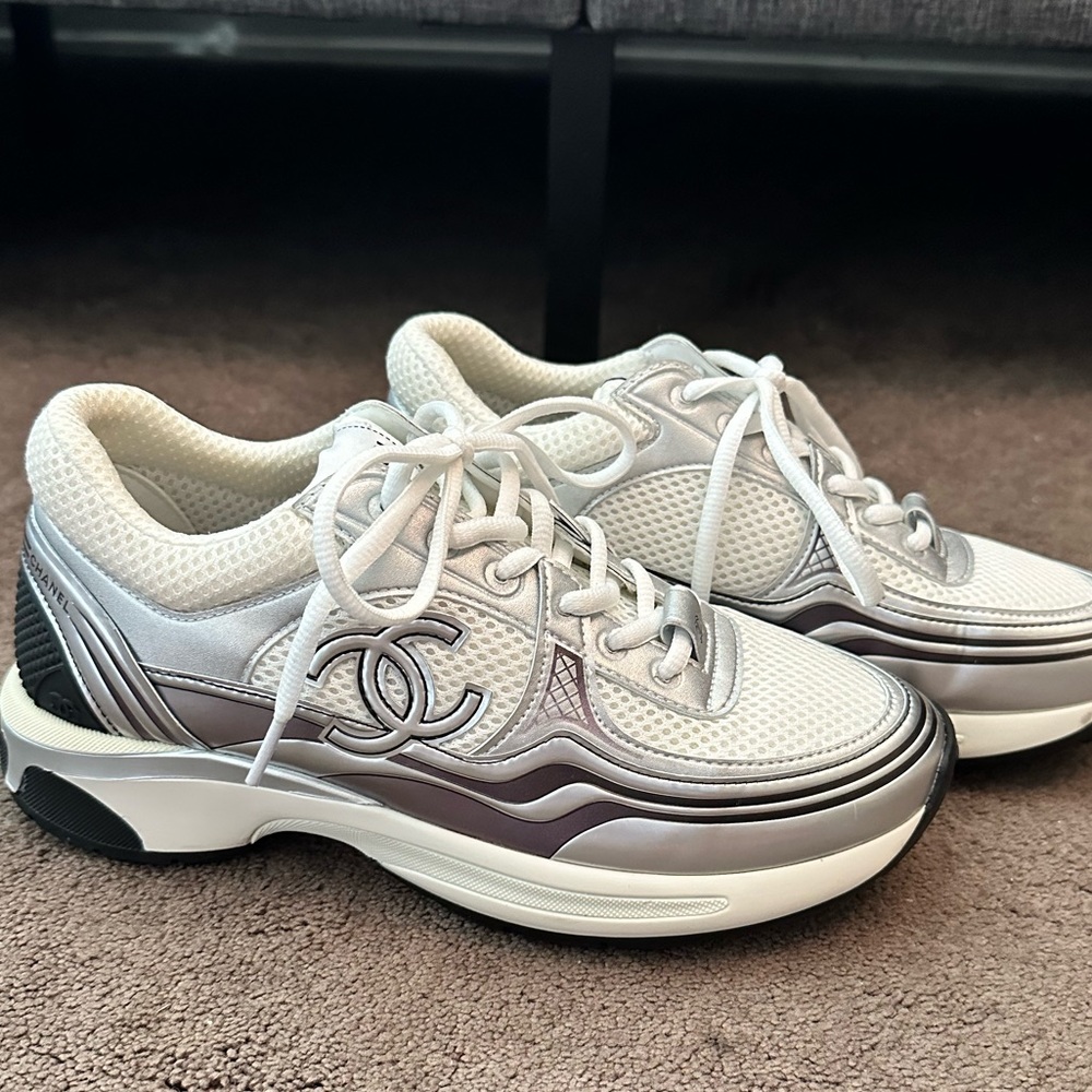 Chanel silver and white tenis shoes